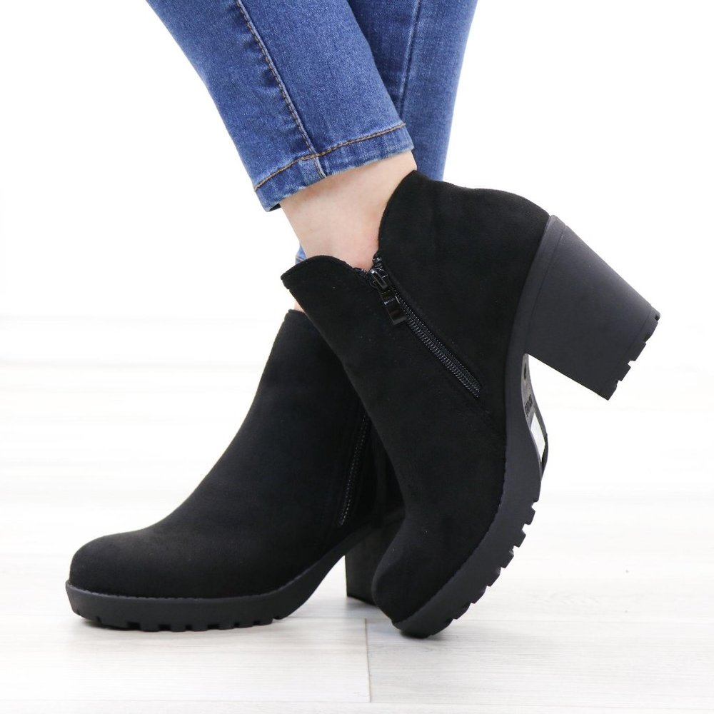 Black Suede Lug Chunky Heel Ankle Boots - Picture 13 of 16